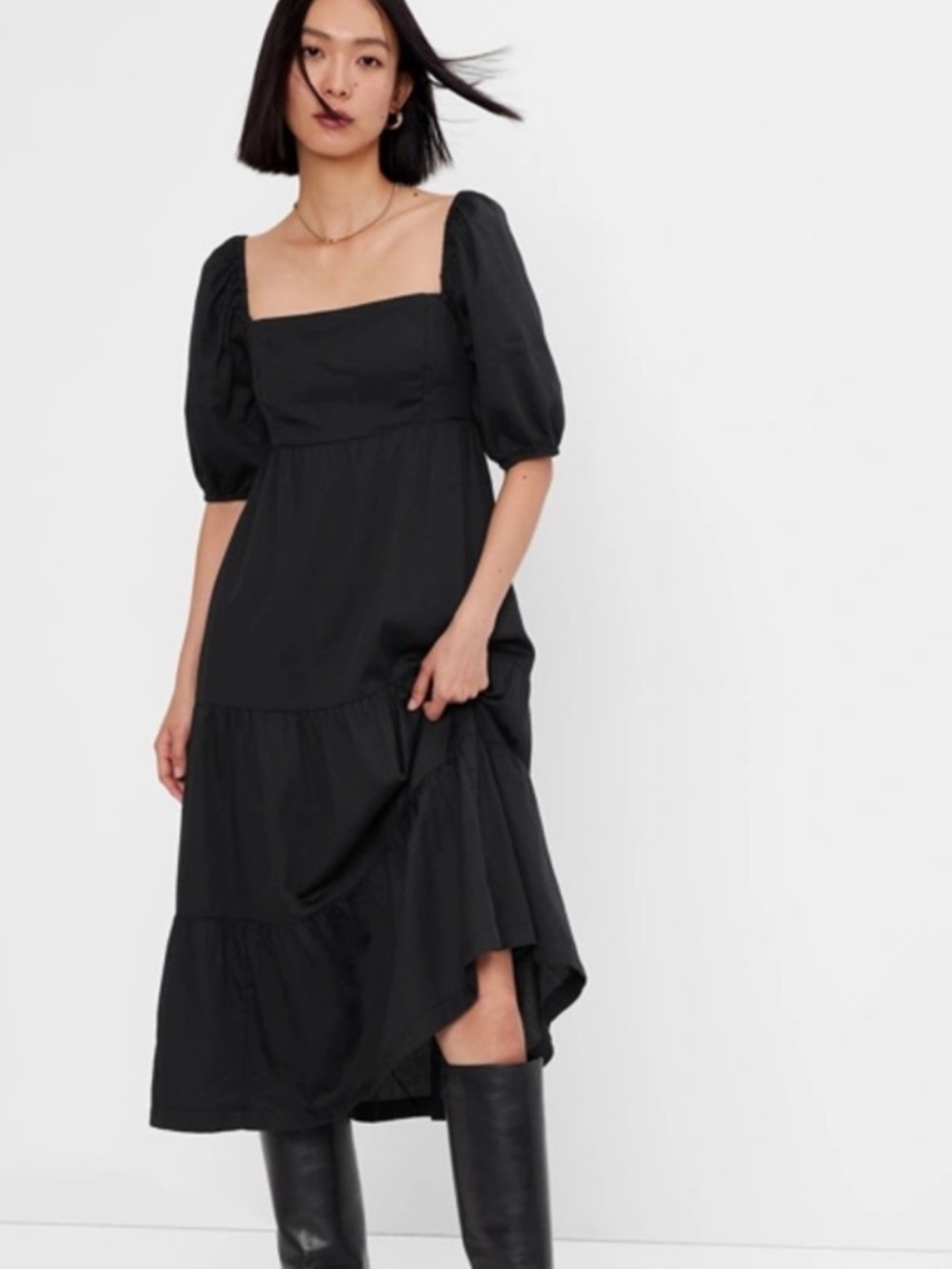 GAP Puff Sleeve Tiered Nap Dress Midi Black Dress small